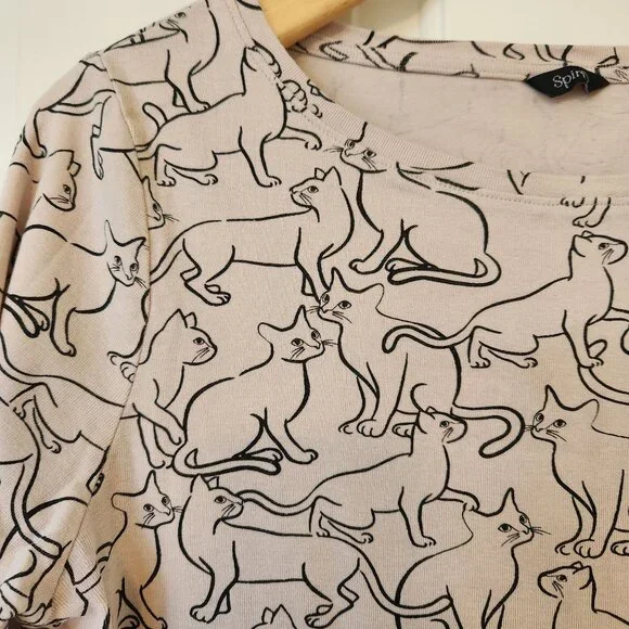 Kitty Cat Print Top Shirt Tan Black Whimsigoth Witchy Halloween Spirit Fairycore - Picture 6 of 15